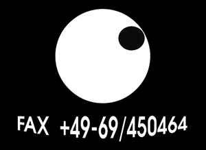 A logo for FAX Label +49-69/450464 underneath a large white circle with a smaller, black circle inside